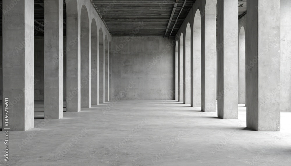 Poster minimalist industrial interior with concrete columns and vast space. empty hall with rows of grey pi