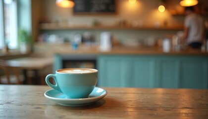 Fototapeta premium Blue coffee cup on wooden table in cafe. Latte art on top, cozy mood. Soft bokeh background, creating atmosphere of tranquility and peaceful coffee break. Morning sunlight enhances inviting ambiance.