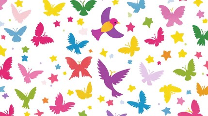 Obraz premium Colorful butterflies and birds flying among stars on white background.