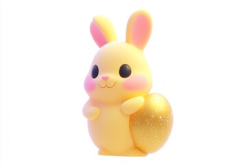 3D Cartoon Rabbit Painting Egg Icon with Pastel Pink and Speckled Gold Colors, Ultra High Definition Isometric View on White Background, Detailed Studio Lighting