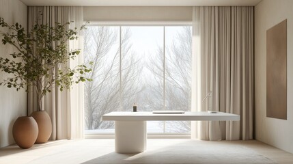 Fototapeta premium Minimalist interior with desk, plant, and winter view. Clean, serene design.