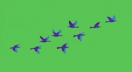 Obraz premium Birds Flying in V Formation Against Green Background