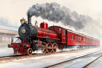 Red steam train leaving station, approaching winter landscape