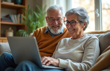 Happy senior couple use laptop at home. Elderly man woman look at screen, smiling. Mature husband wife surfing internet. People enjoy retirement with technology.