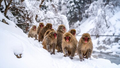 Obraz premium A captivating group of Japanese macaque monkeys gather near a warm sp in the snowy mountains of Japan, seeking refuge from the freezing winter temperatures.