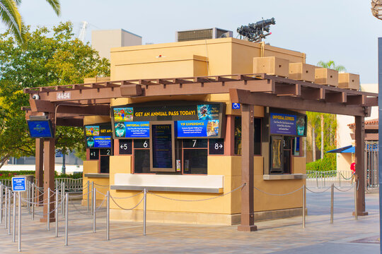 Los Angeles, California - December 24, 2024: Ticket Booth at Theme Park in Los Angeles with Clear Sky