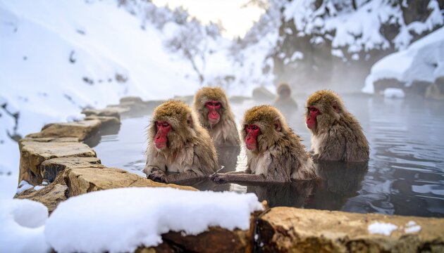 A group of Japanese macaque snow monkeys enjoy a relaxing soak in the warm hot sps du the cold winter season in Nagano prefecture, Japan with snow.