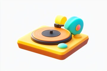 3D Cartoon Vintage Gold and Walnut Record Player Icon on White Background, Ultra High Definition Detailed Isometric View