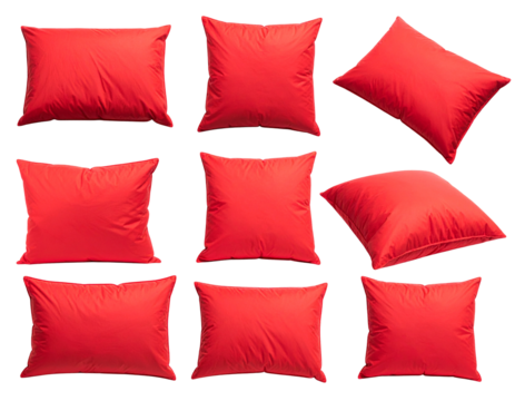Nine vibrant red square pillows arranged in a grid pattern