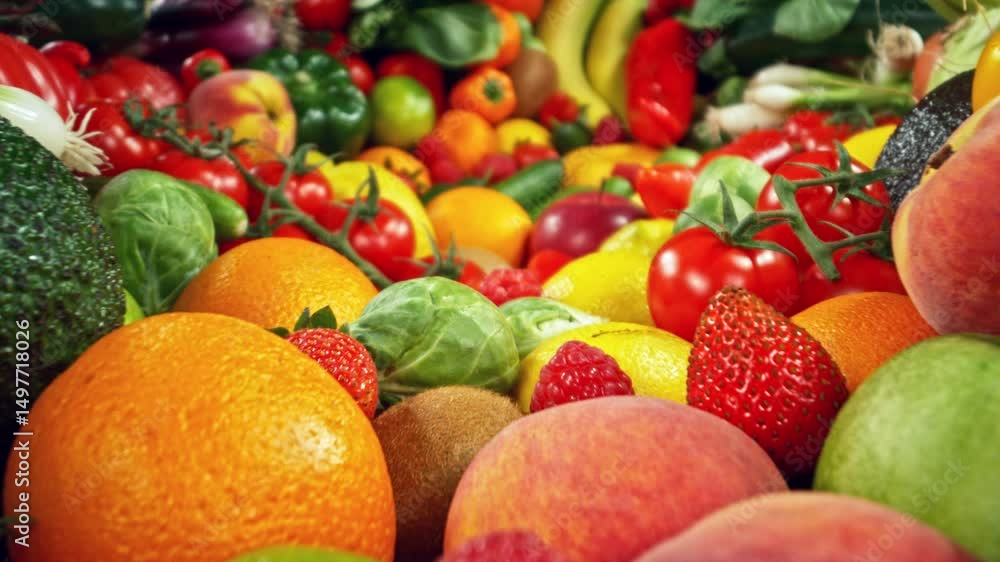 Aufkleber various kind of fresh fruits and vegetable. camera placed on motion control system. filmed on high s