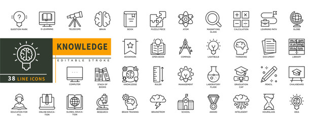 Minimalist Knowledge line icon set with editable stroke, featuring e-learning telescope, brain,  book, atom, school, research, global education, calculator, document, graduation, globe. illustration.
