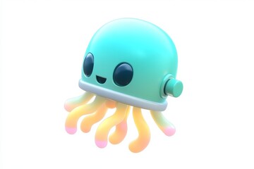 Fototapeta premium 3D Cartoon Robotic Jellyfish with Chrome Body and Glowing Circuits on White Background, Ultra High Definition Isometric View