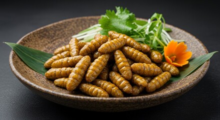 Bamboo worms served on a plate with herbs and garnish  