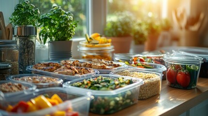 Prepared meals in containers on a kitchen counter
