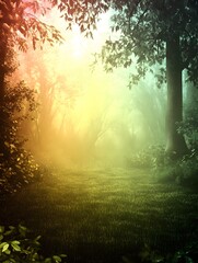 Obraz premium A mystical forest path with sunlight streaming through the trees and a foggy, dreamlike atmosphere