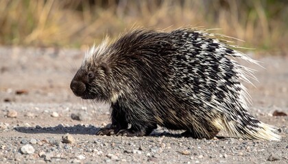 Detailed close-up of a North American porcupine on a textured surface