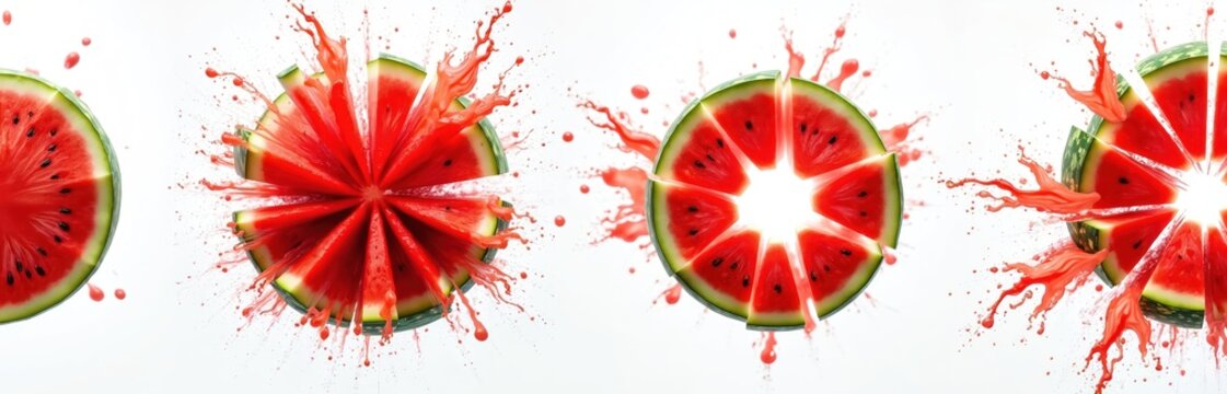 Watermelon slice exploding into pieces, red juice splatter on white. Sequence shows juicy fruit destruction, burst splash in air. Food freshness concept. - Powered by Adobe