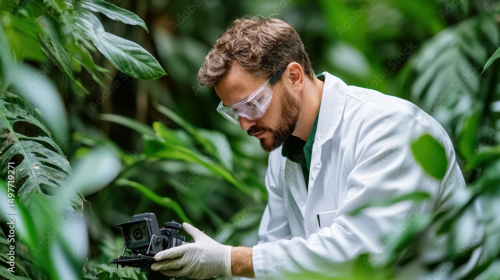 Poster scientist setting up motion sensitive camera traps in dense greenery for wildlife observation and re