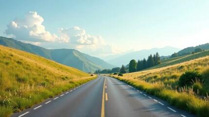 Asphalt ribbon unwinding through sun-drenched hills and valleys, a scenic journey towards a distant mountain range under a peaceful sky.