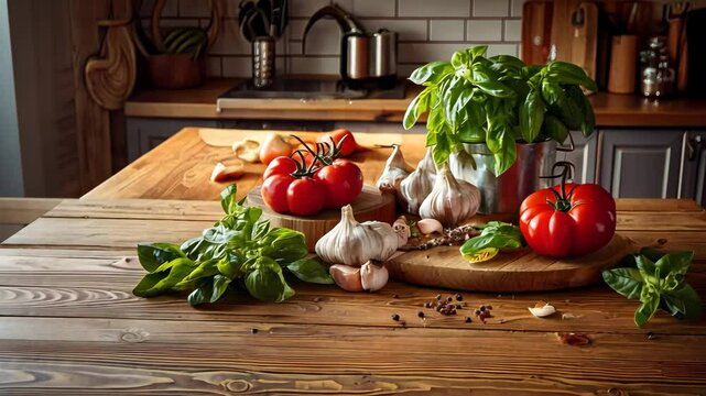 Tomatoes, Garlic, and Basil on Kitchen Countertop