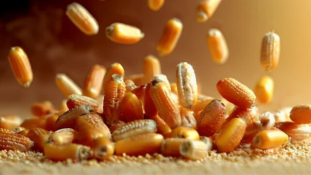 A close-up view of corn kernels falling, highlighting their texture and movement.