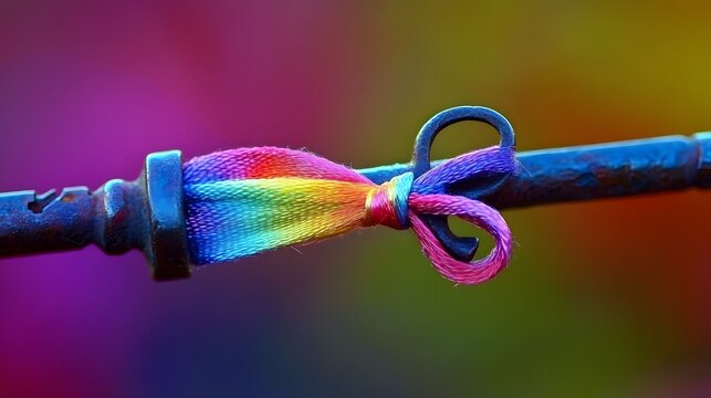 A close up of a rainbow colored string tied to a metal bar against a colorful background gradient