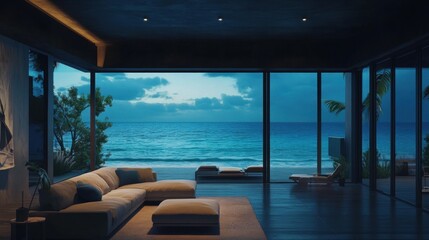 Fototapeta premium Oceanfront Living Room at Dusk.