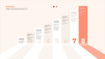 Eight steps or options. Vector infographic template in warm, light colors for presentations, annual reports, albums, brochures, and the like