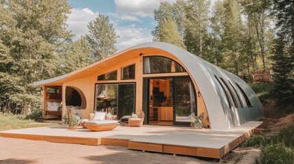 Modern curved eco-friendly cabin in woods.