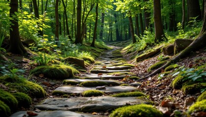 a serene path through a lush forest invites exploration and tranquility, soft moss lines the stones under a canopy of trees, natures beauty refreshes the soul