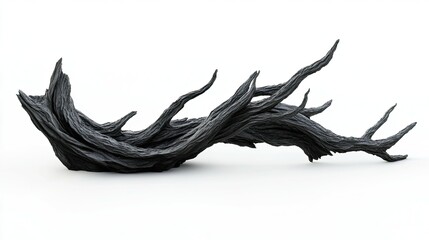 Abstract blackened driftwood sculpture isolated on pristine white background