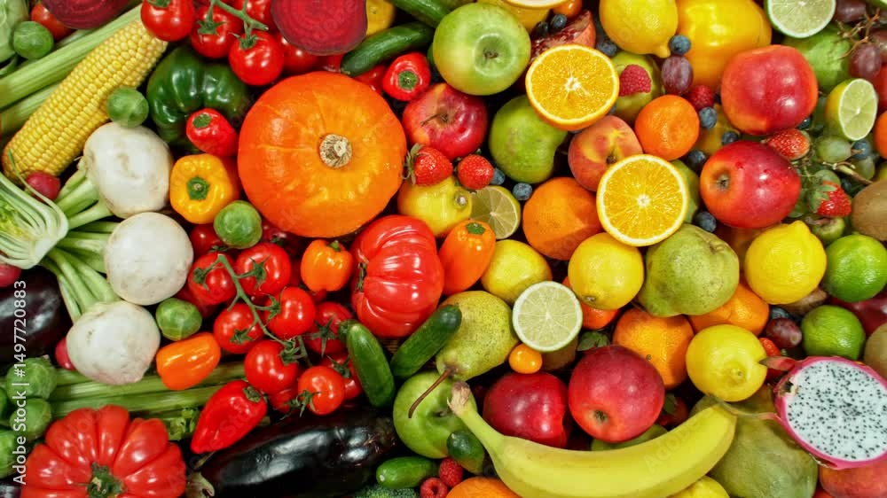 Poster various kind of fresh fruits and vegetable. camera placed on motion control system. filmed on high s