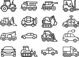 vehicle semi-truck lorry set. vector car icons line art, bulldozer, excavator, dump-truck, electric-car, pickup-truck