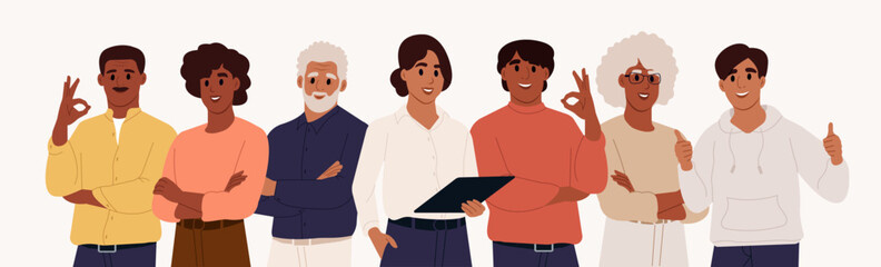 Happy Black businesspeople standing together. Group portrait of men and women colleagues. Flat vector illustration isolated on white background.