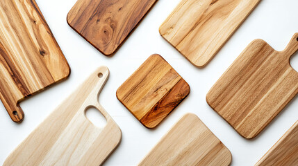 Fototapeta premium Natural wooden cutting boards various shapes and sizes arranged artistically light background, showcasing their unique grain patterns and textures