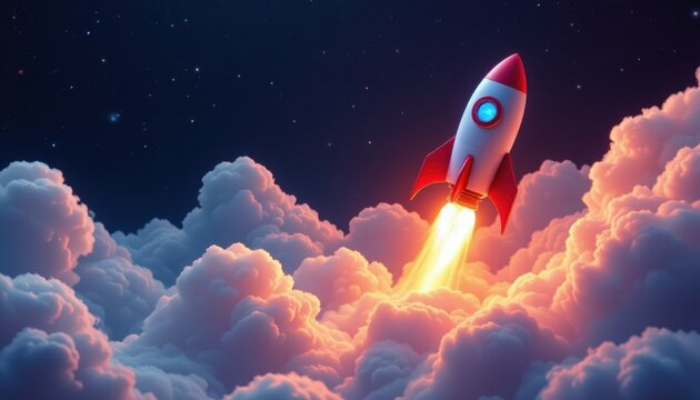 create an image of a believable rocket icon soaring through space toward fluffy clouds, with a pany concept in a successful, under neon lights setting