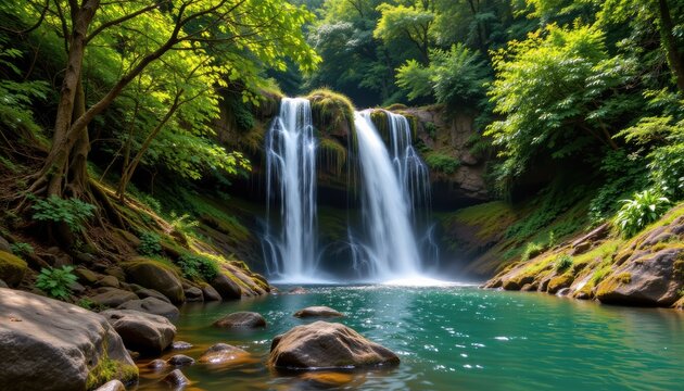 explore the serene beauty of a waterfall cascading through lush greenery in this breathtaking scene, the tranquility and adventure await you on the left side of the frame.