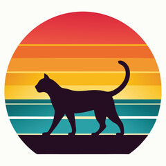 Retro Sunset Silhouette of a Cat Vintage Design Illustration