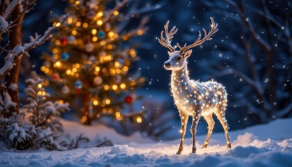 create a festive winter scene featuring a magic reindeer covered in glowing lights, position the reindeer on the right with plenty of white brilliance and crystal clear style