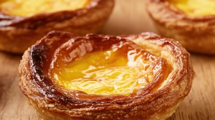 Close-up of delicious Portuguese Pastel de Nata custard tart.