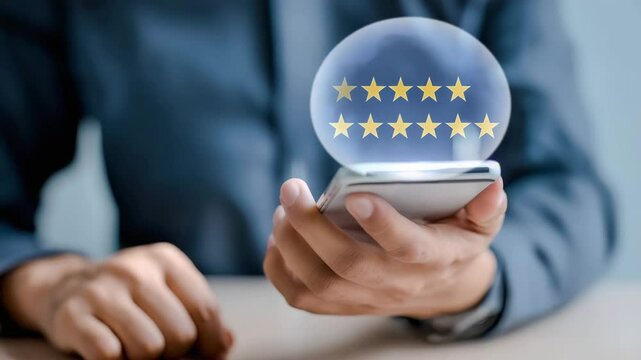 A person gives a five-star rating on a smartphone, indicating positive feedback and customer satisfaction.