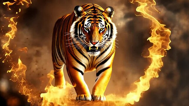 Fiery tiger leaping, sparks flying, dark background, game asset