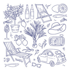 Mediterranean summer vacation linear sketch style elements set. Ink hand drawn Italian, Spanish or French coast sea or beach elements. Sea beach weekend or rest collection. Vector © LanaSham