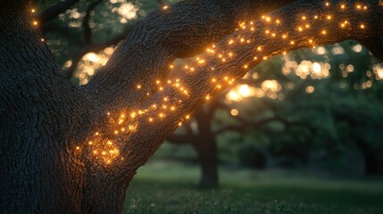 Warm lights on tree trunk at sunset