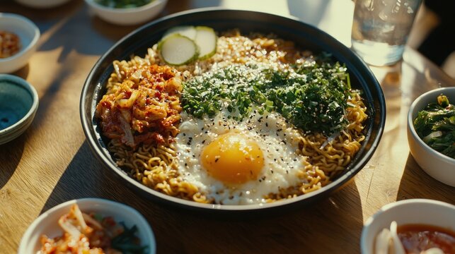 Delicious, customizable noodle bowl with a sunny-side-up egg, kimchi, cucumbers, and fresh herbs