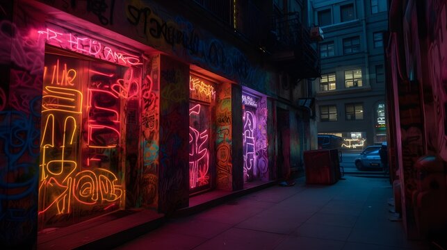 65. Neon graffiti of time travelers and futuristic slogans