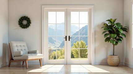 Fototapeta premium Serene Room with French Doors Offering Panoramic Mountain View and Natural Decor