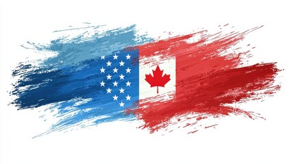 Artistic depiction of the United States and Canadian flags merged together with brush strokes.