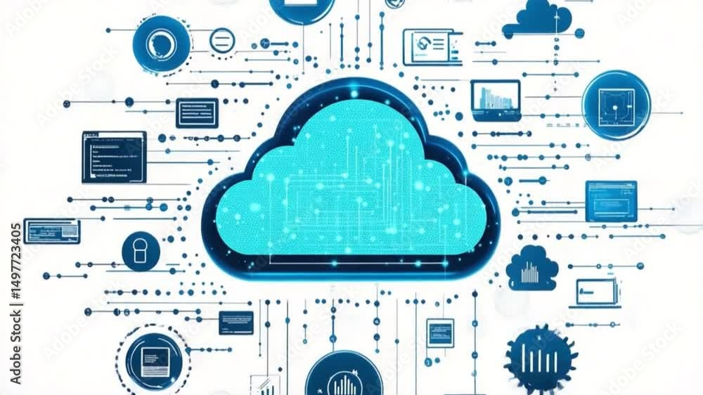 Poster cloud technology network: an intricate network diagram depicting a cloud at the center, connecting t