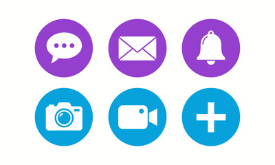 Vibrant circular flat icons for communication and media: chat, email, notification, camera, video, and add symbols in purple and blue.